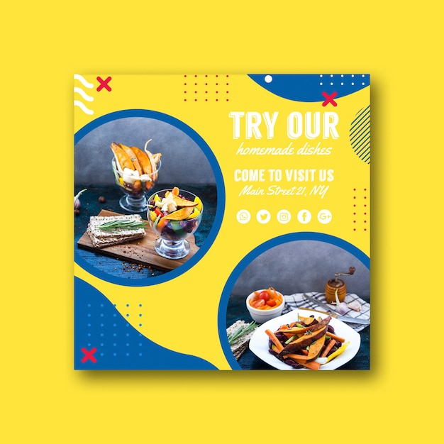 Square card template for restaurant in memphis style Free Psd