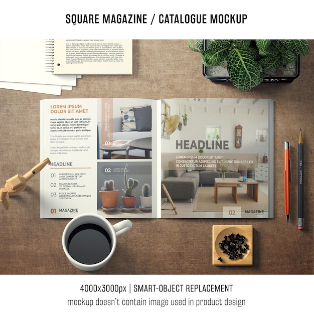 Download Square magazine or catalogue mockup with various objects PSD file | Free Download