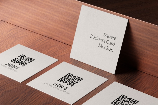 Premium Psd Square Paper Business Cards Mockup On Wooden Table