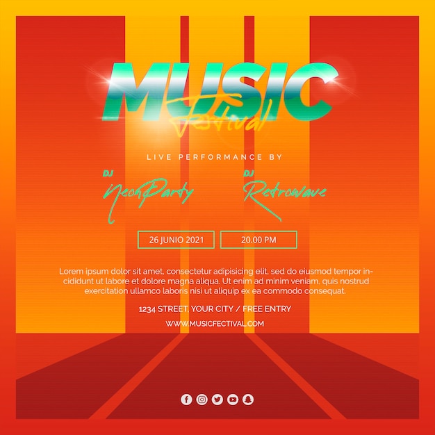 Square post template for 80s music festival Free Psd