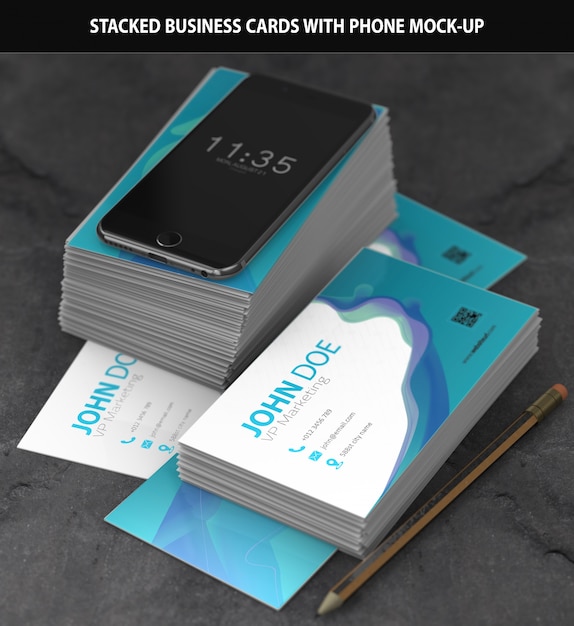 Download Stacked business cards with iphone mockup | Premium PSD File