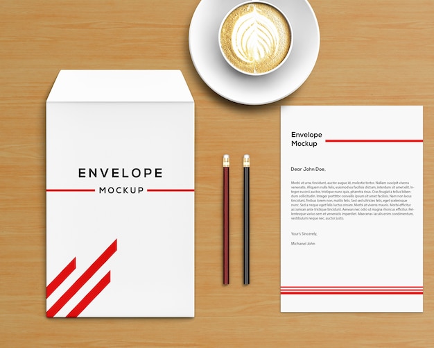 Download Stationery concept with envelope mockup and coffee | Free PSD File