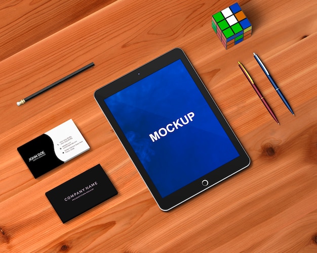 Download Stationery concept with tablet mockup | Free PSD File