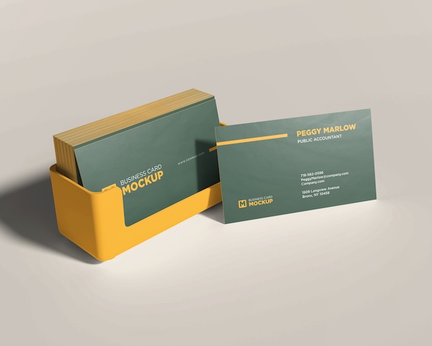 Download Premium Psd Stationery Mockup Stacked Business Card In Yellow Box PSD Mockup Templates