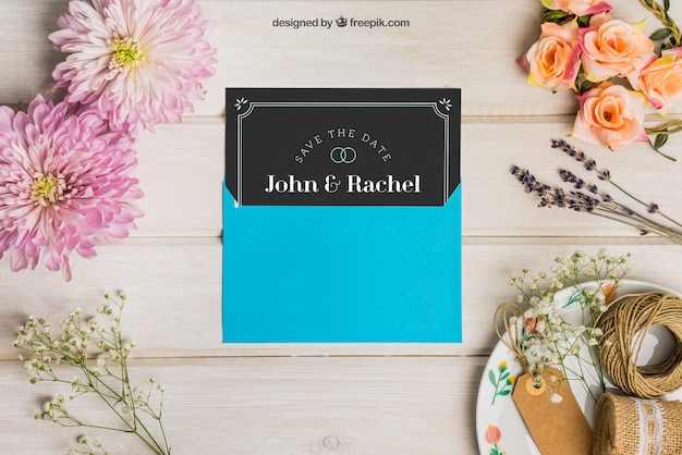 Stationery Wedding Mockup With Blue Envelope Free Psd File