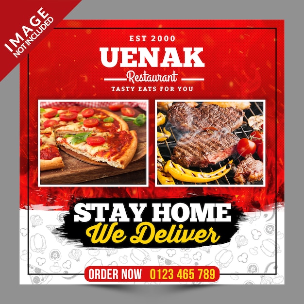 Stay home we deliver food social media post with 2 pictures Premium Psd