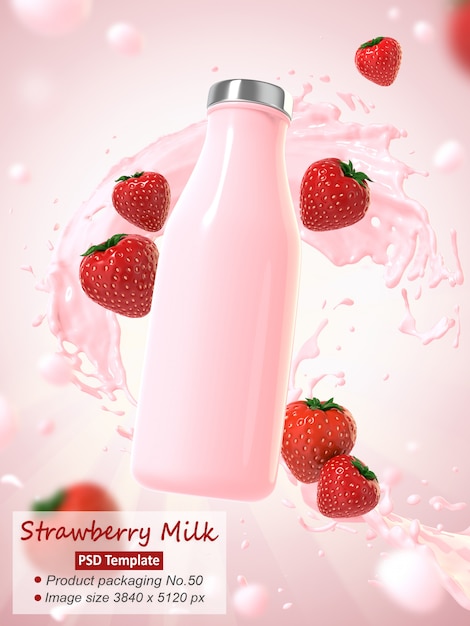 Premium PSD | Strawberry milk background template 3d render