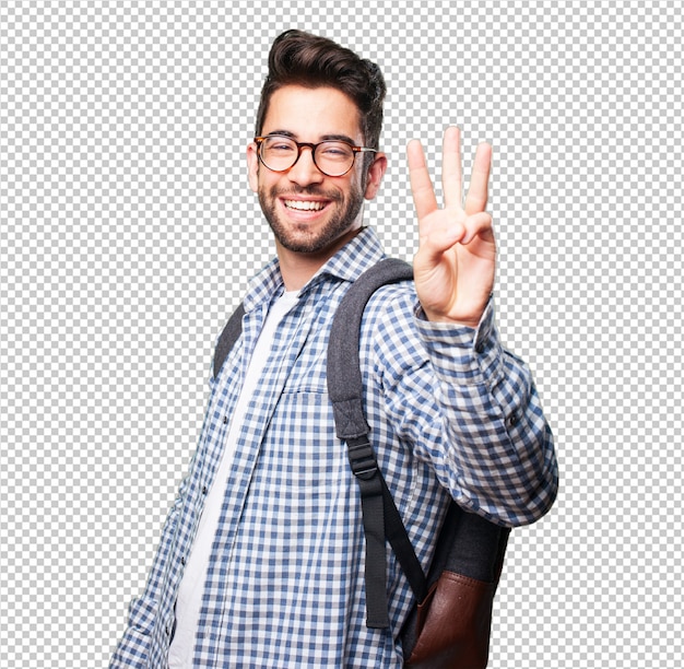 Student man doing number three gesture Premium Psd