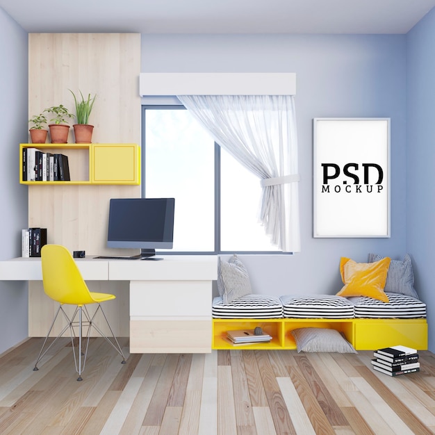 Study space with sofa bench and picture frame PSD file | Premium Download