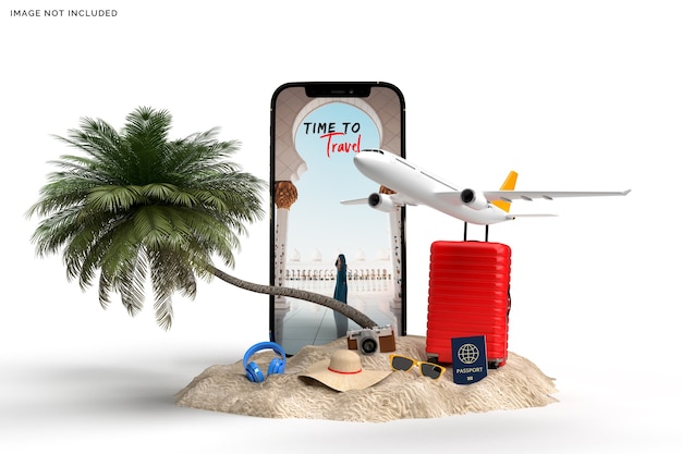 Suitcase with airplane, traveler accessories rendering Premium Psd