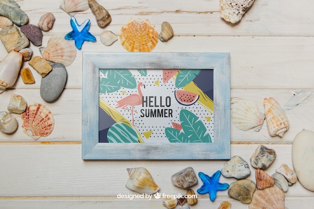 Summer concept with frame and shells PSD Template