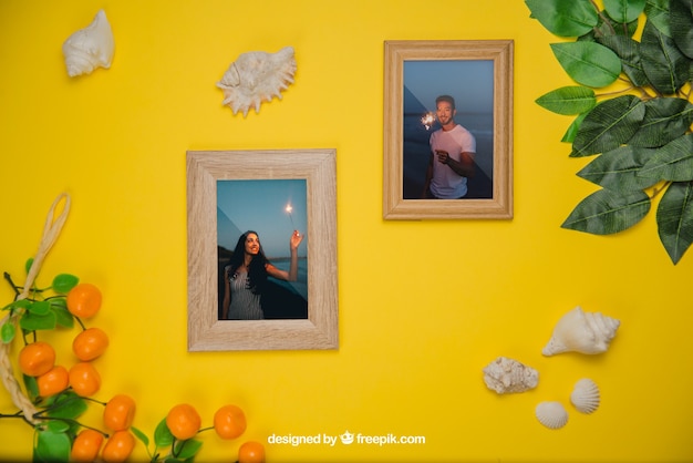 Summer concept with frames and leaves PSD Template