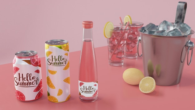 ピンクの背景を持つテーブルの上の夏の飲み物 プレミアムpsdファイル
