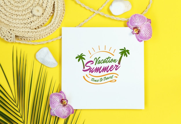 Premium PSD | Summer mockup frame with straw bag on yellow background