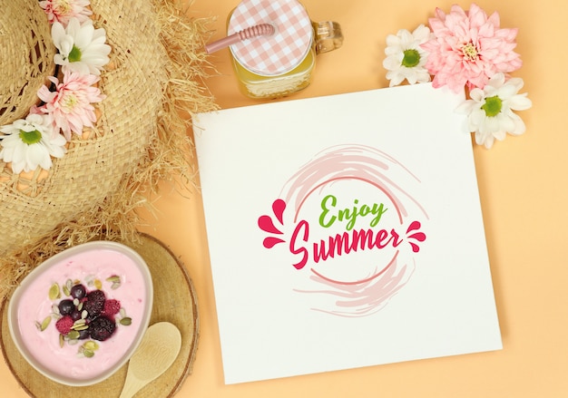 Download Premium PSD | Summer mockup frame with straw hat and dessert