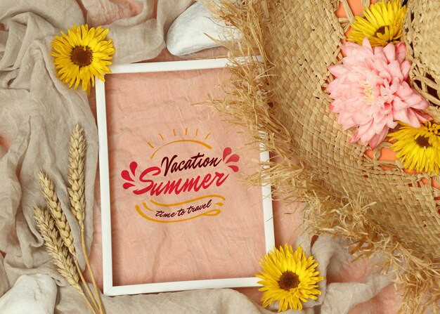 Summer mockup photo frame with straw hat | Premium PSD File