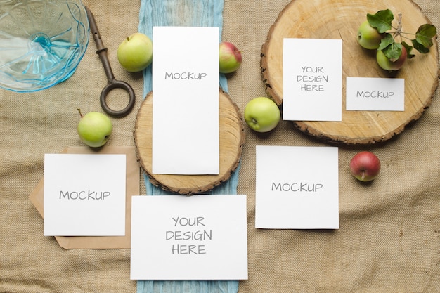 Download Premium Psd Summer Stationery Mockup Cards Set Wedding Invitation With Apples Blue Runner On A Beige Space In Rustic Style And Natural PSD Mockup Templates