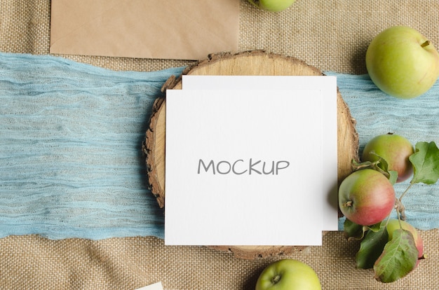Download Premium Psd Summer Stationery Mockup Greeting Card Or Wedding Invitation With Apples Blue Runner On A Beige Space In Rustic Style And Natural Yellowimages Mockups
