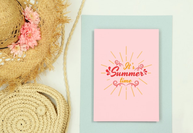 Download Summer template frame mockup with straw hat and bag PSD ...