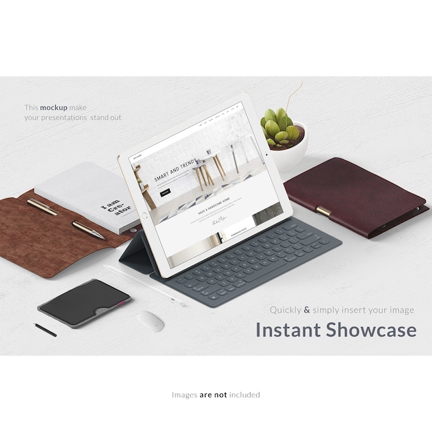 Tablet on desk with agendas mock up PSD Template