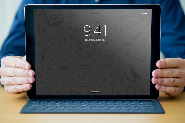 Download Tablet mockup with keyboard and man PSD file | Free Download