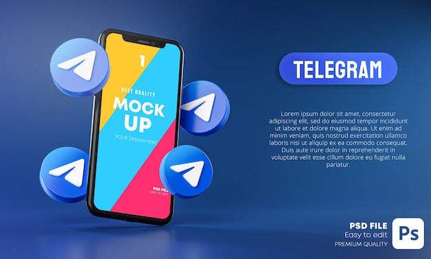 Premium PSD | Telegram icons around smartphone app mockup 3d