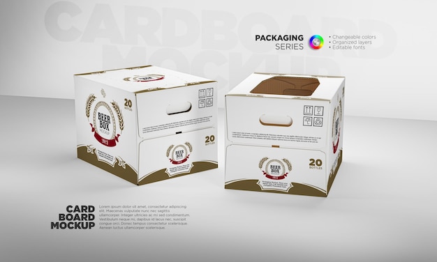 Premium PSD Template beer kraft cardboard box in 3d