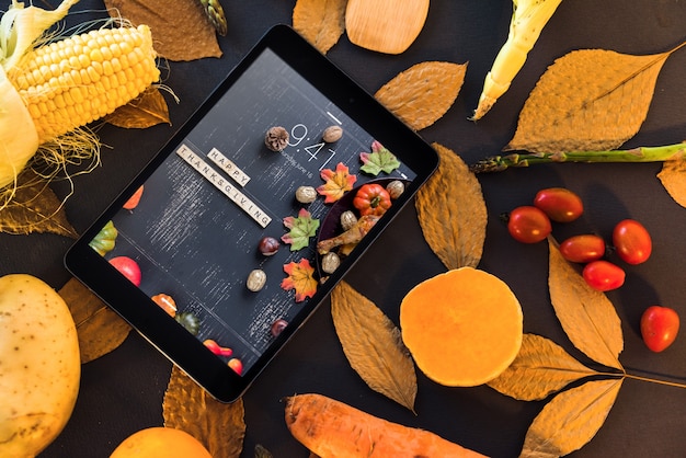 Thanksgiving mockup with tablet PSD Template