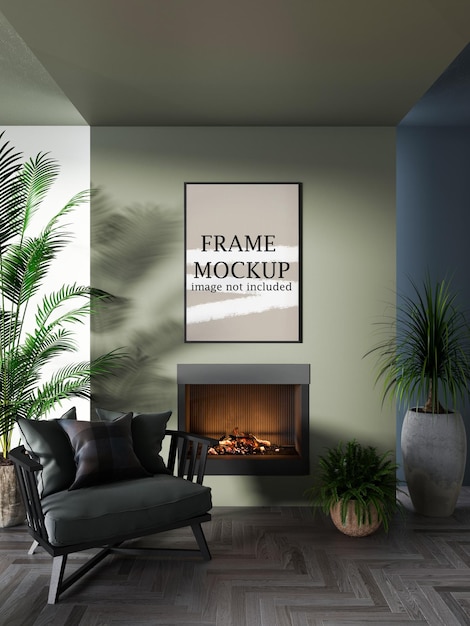 Premium Psd Thin Wall Frame On Green Wall Above Fireplace