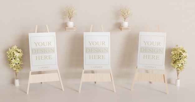 Download Premium PSD | Three canvas mockup on the wooden easel.