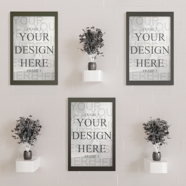 Three horizontal frame mockup on wall with black decorative plants | Premium PSD File