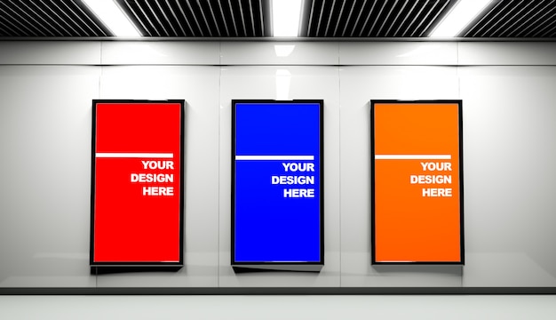 Download Premium Psd Three Large Banner Mockup In Station Hall PSD Mockup Templates