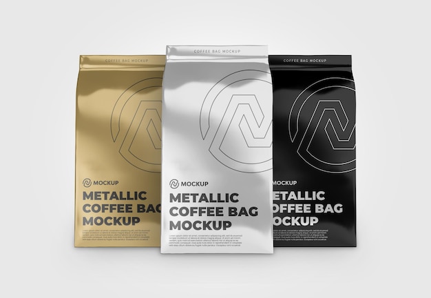Download Premium Psd Three Metallic Coffee Bag Mockup Front View