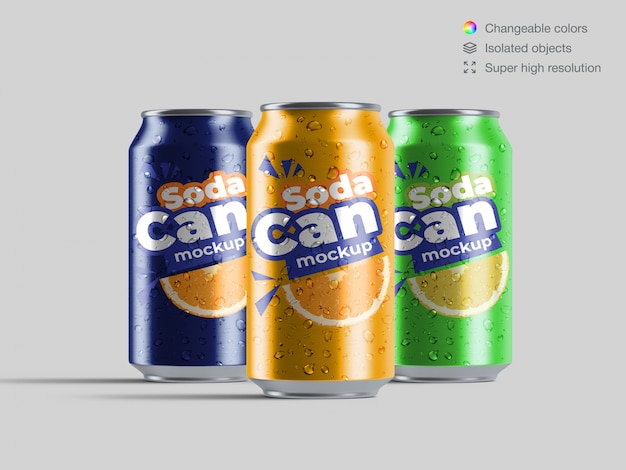 Download Three realistic front view aluminium soda cans with water drops mockup template | Premium PSD File
