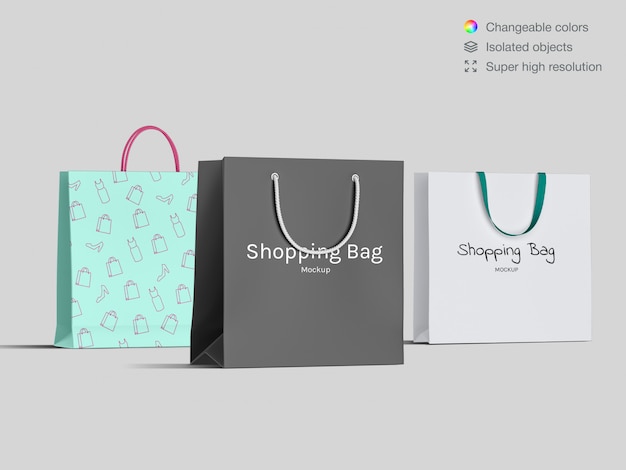 Three realistic front view shopping paper bags mockup ...