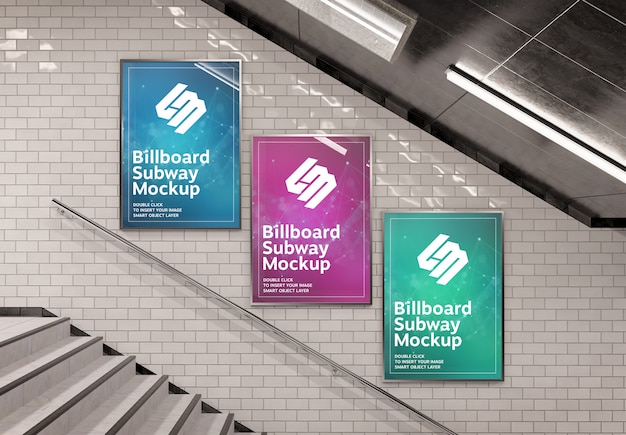 Download Three vertical billboard on underground stairs wall mockup ...