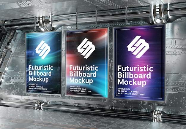 Download Three vertical billboards in futuristic underground mockup ...