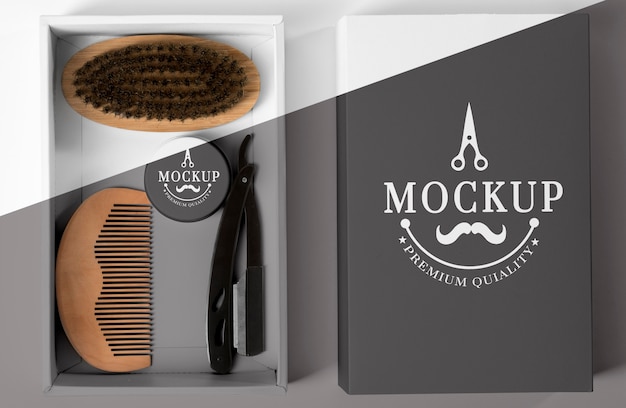 Download Free Psd Top View Of Barbershop Products Box With Comb And Razor