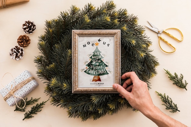 Download Free Psd Top View Christmas Composition With Frame Mockup PSD Mockup Templates