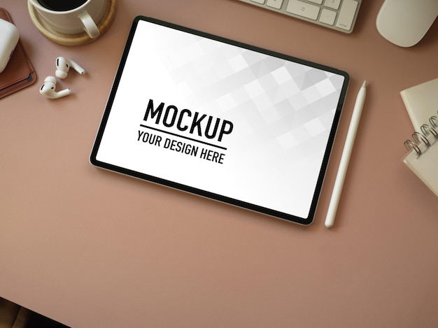 Premium PSD | Top view of computer desk with digital tablet mockup