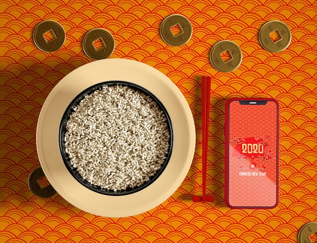 Download Free PSD | Top view delicious bowl of rice and phone mock-up