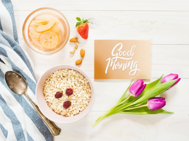 Free PSD | Top view delicious breakfast with good morning card