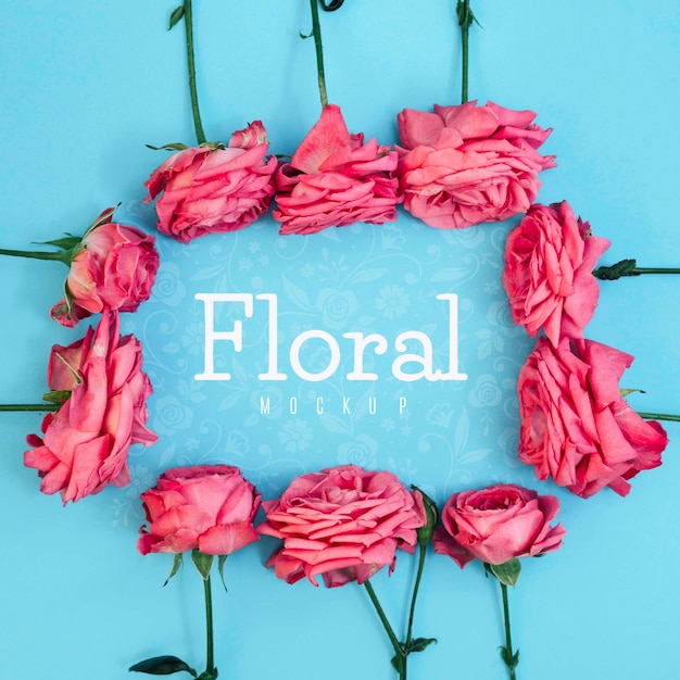 Download Top view floral frame pink roses mockup | Free PSD File