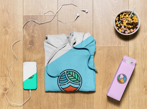 Download Top view folded hoodie mock-up with phone case, bottle and ...