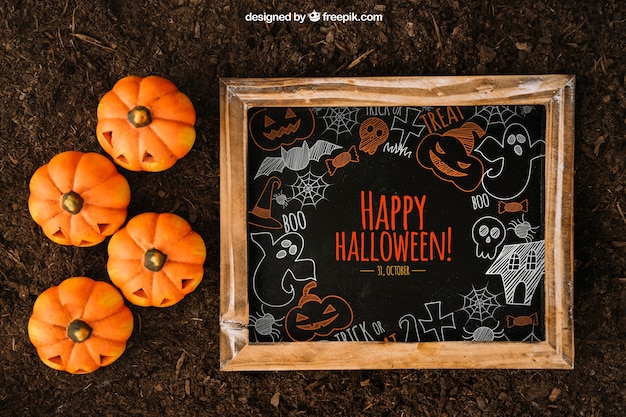 Download Top View Halloween Mockup With Slate And Pumpkins Psd Template All Mockups Design For Packaging