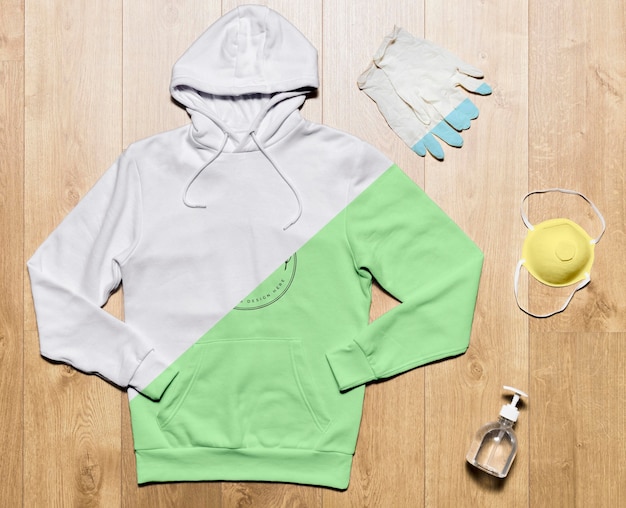 Download Free PSD | Top view hoodie mock-up with hand sanitizer ...