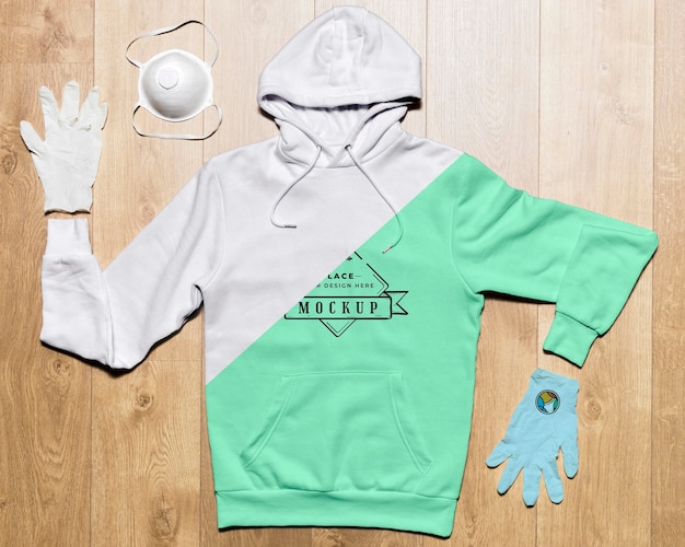 Download Top view hoodie mock-up with protection gloves and mask ...