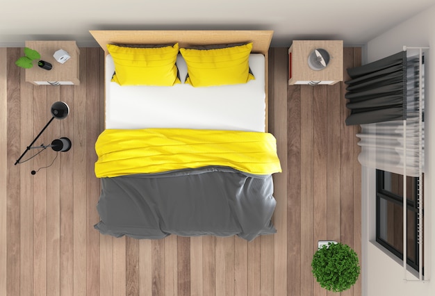 Top view of interior bedroom. 3d render | Premium PSD File