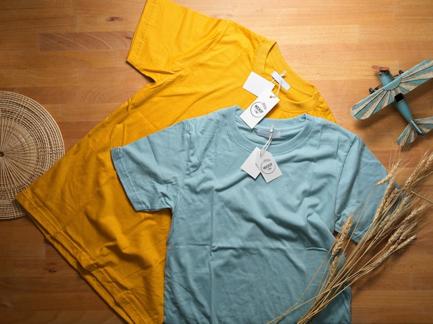 Download Premium PSD | Top view of mock up yellow and blue t-shirt ...