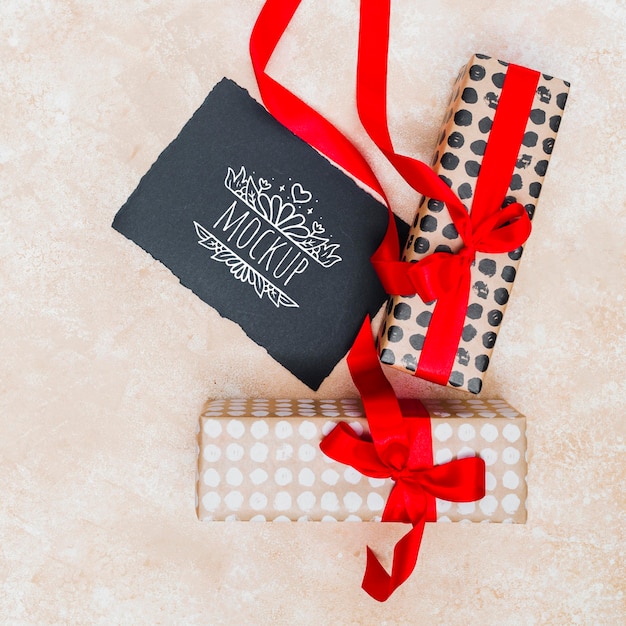 Download Free Psd Top View Presents Wrapped With Ribbon Yellowimages Mockups
